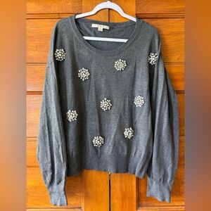 Boston Proper Gray Sweater with Floral Embellishments